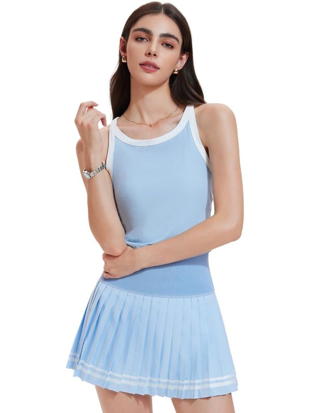 Women's Sky Blue 2 Piece Racer Back Tennis Skirt Tank Top Pull On Golf Dress